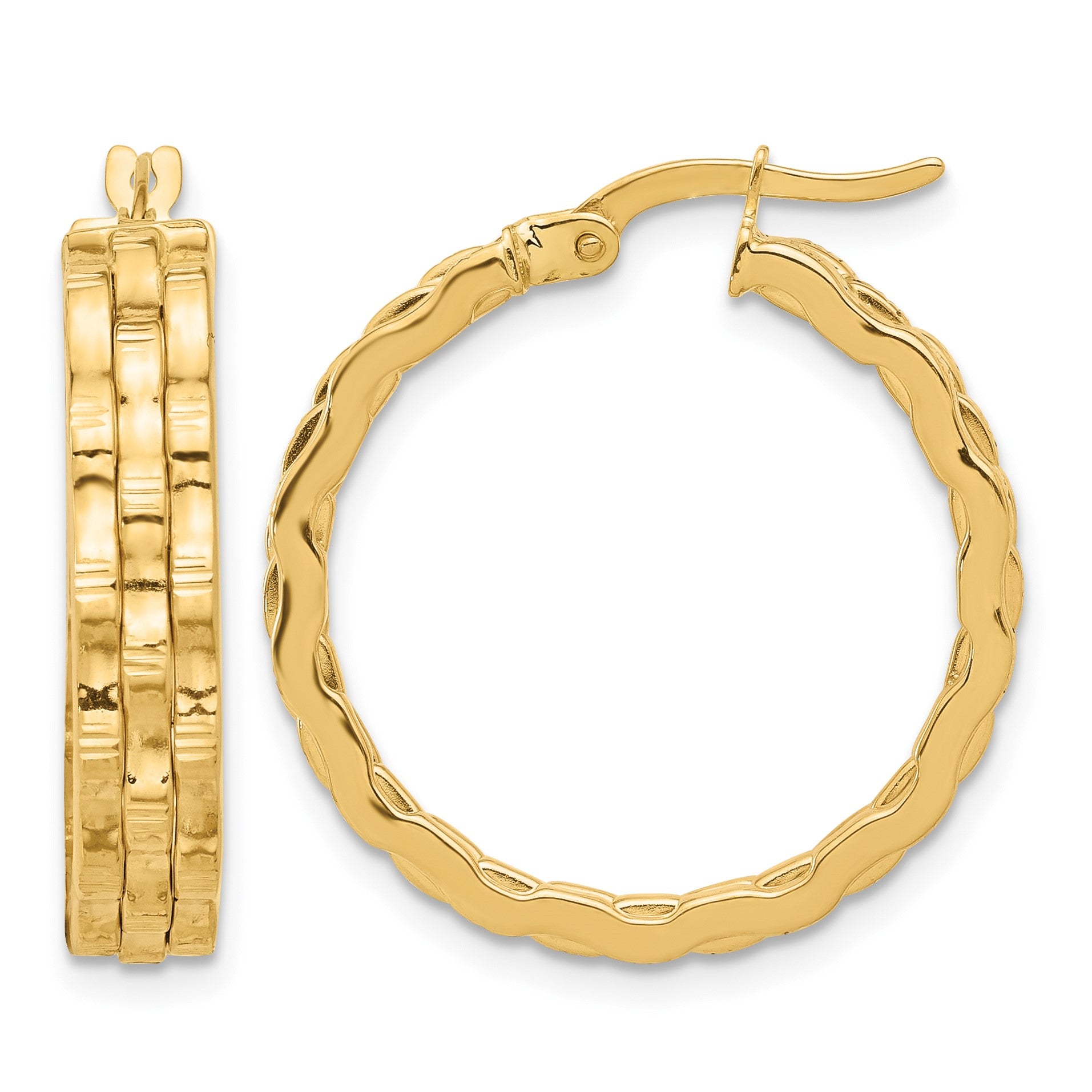 14K Polished and Textured Hoop Earrings