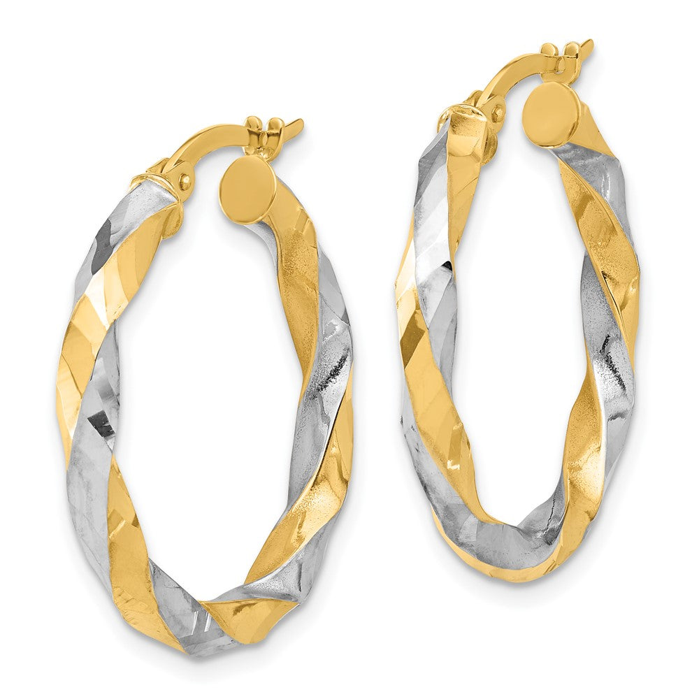 14K with White Rhodium Polished and Diamond-cut Twisted Hoop Earrings