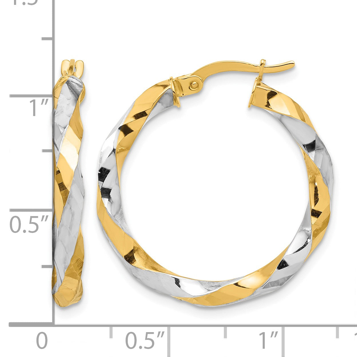 14K with White Rhodium Polished and Diamond-cut Twisted Hoop Earrings