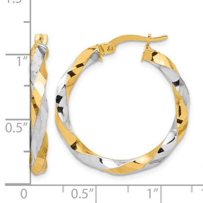 14K with White Rhodium Polished and Diamond-cut Twisted Hoop Earrings