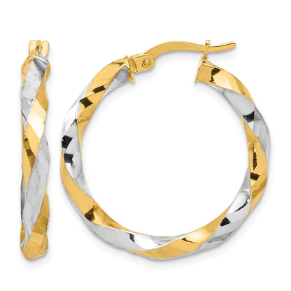 14K with White Rhodium Polished and Diamond-cut Twisted Hoop Earrings
