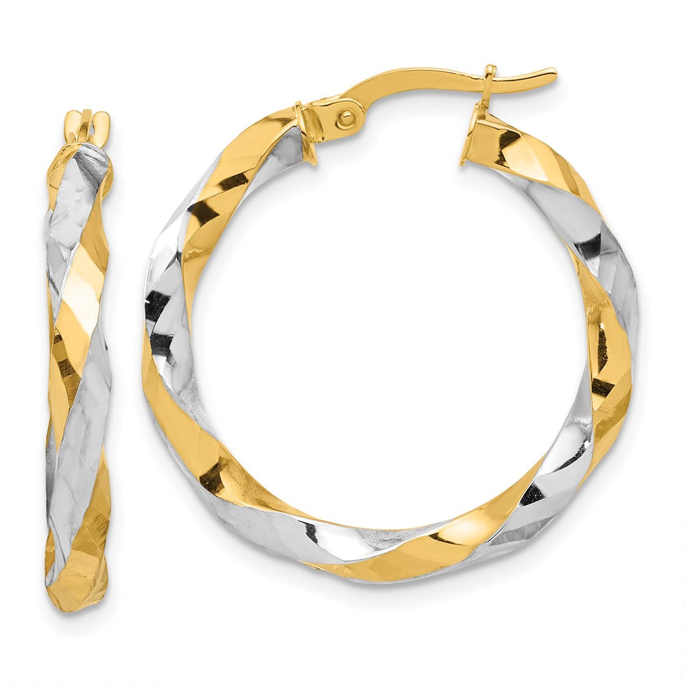 14K with White Rhodium Polished and Diamond-cut Twisted Hoop Earrings