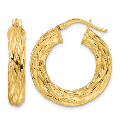 14ky Polished Woven Texture 4.75mm Round Hoop Earrings