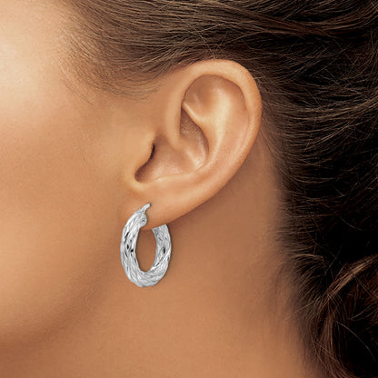 14k White Gold Polished 4.75mm Woven Texture Round Hoop Earrings