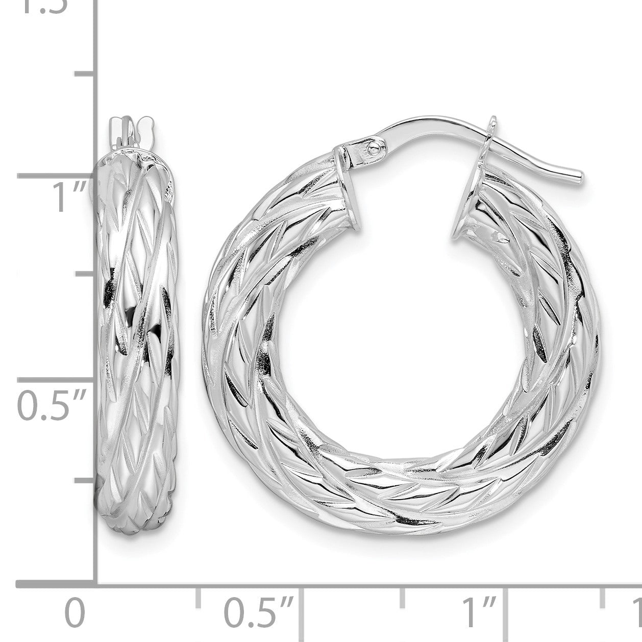 14k White Gold Polished 4.75mm Woven Texture Round Hoop Earrings