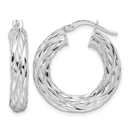 14k White Gold Polished 4.75mm Woven Texture Round Hoop Earrings