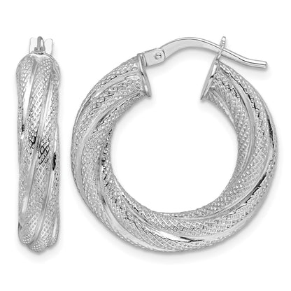 14k White Gold 4.7mm Textured Twisted Round Hoop Earrings