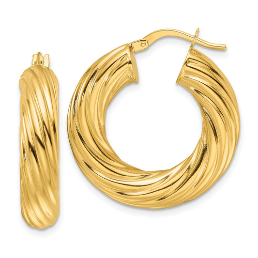 14ky Polished Twist 6mm Hollow Round Hoop Earrings