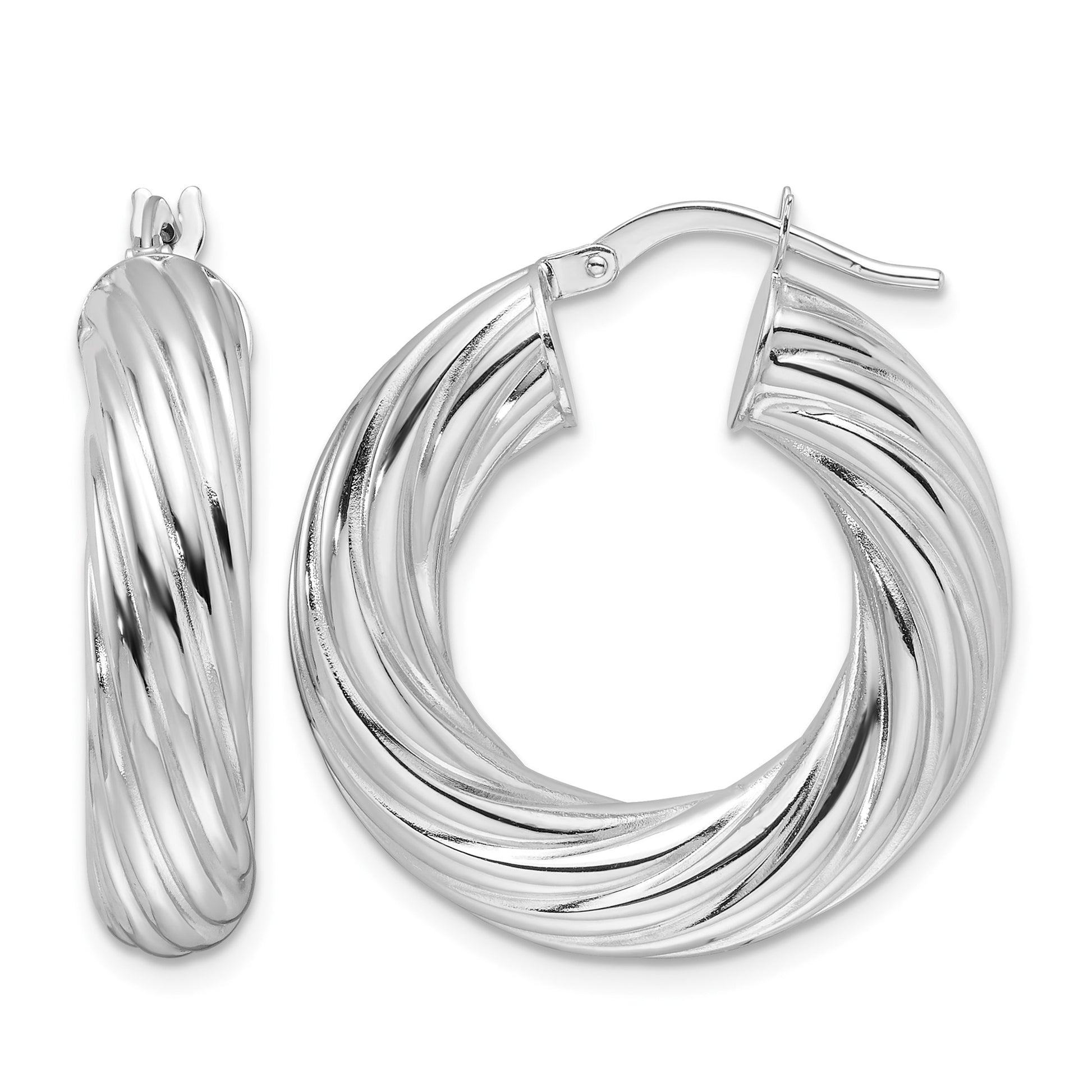 14k White Gold Polished 6mm Twisted Hollow Round Hoop Earrings