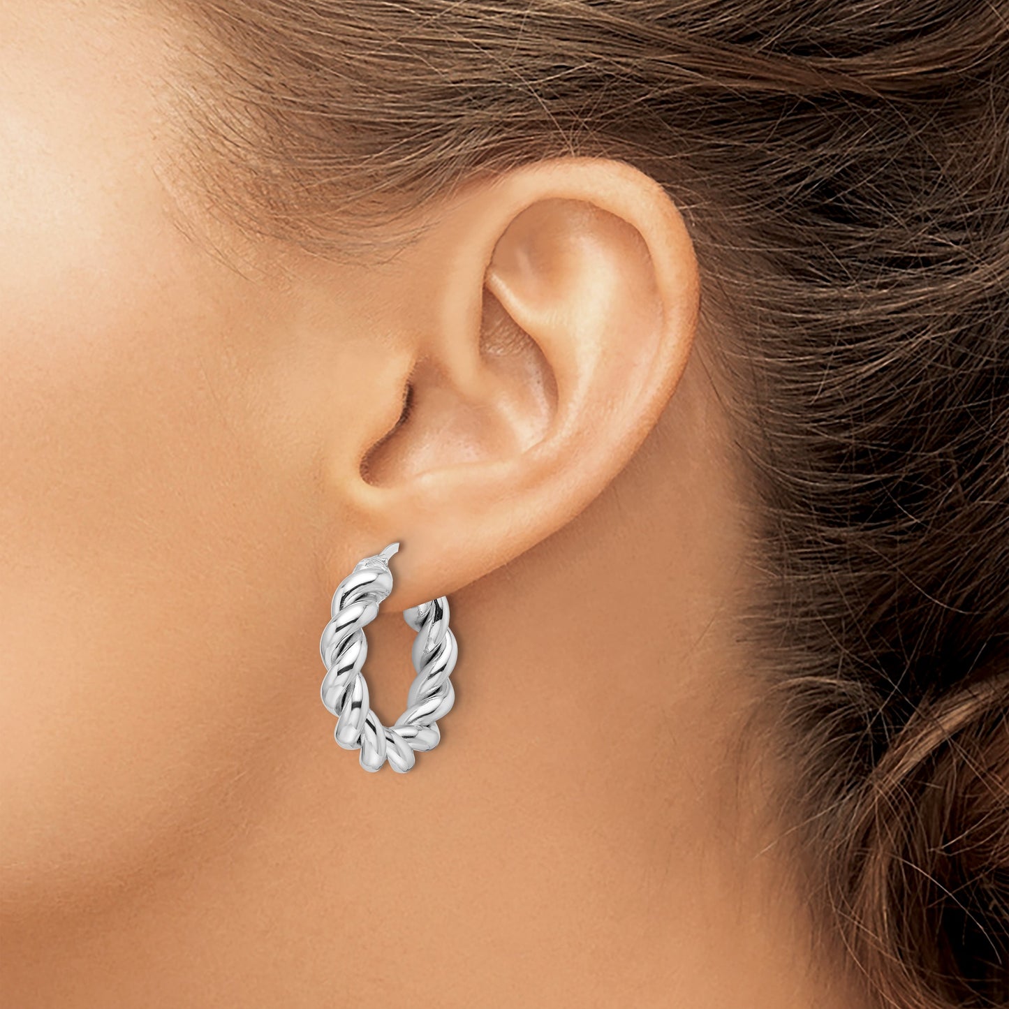 14k White Gold Polished 5.3mm Hollow Twisted Round Hoop Earrings