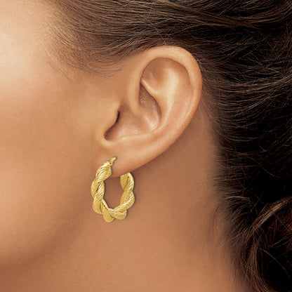 14K Polished and Textured Twisted Hoop Earrings