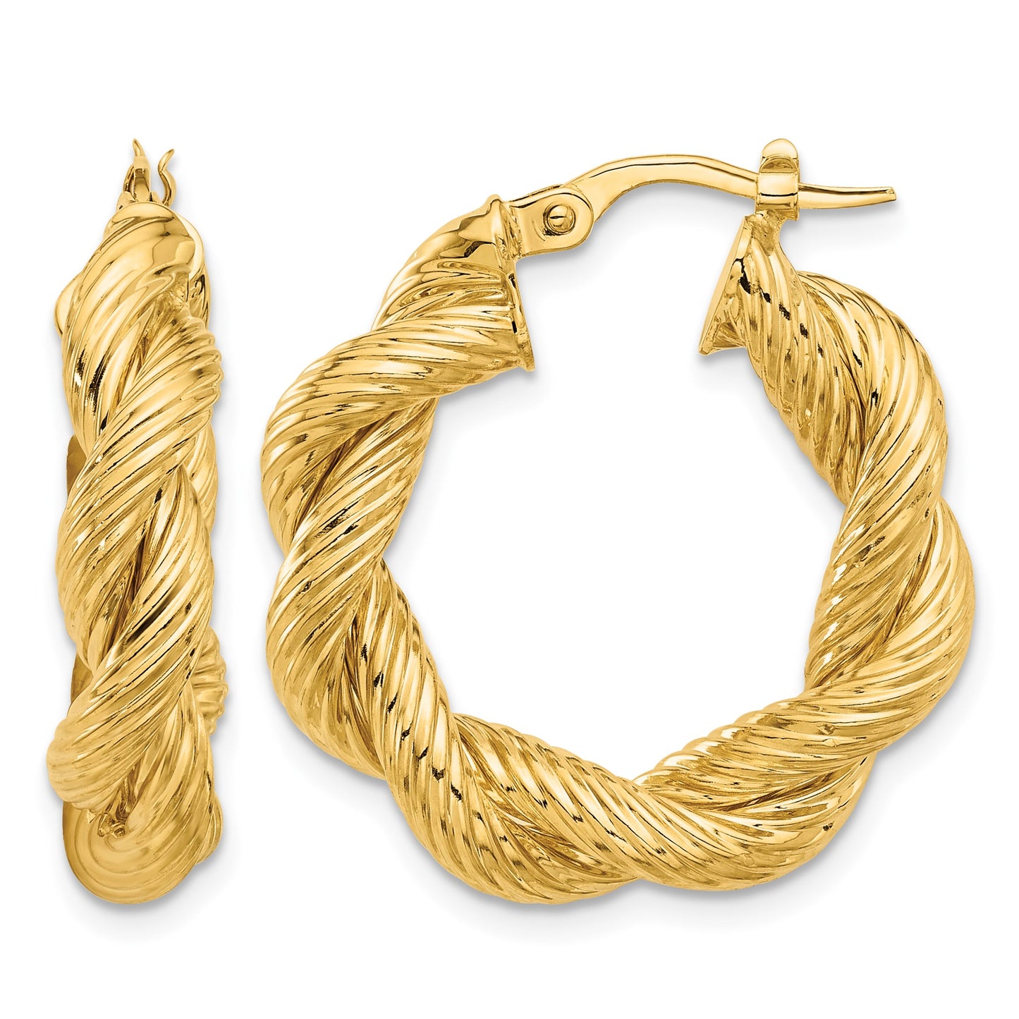 14K Polished and Textured Twisted Hoop Earrings