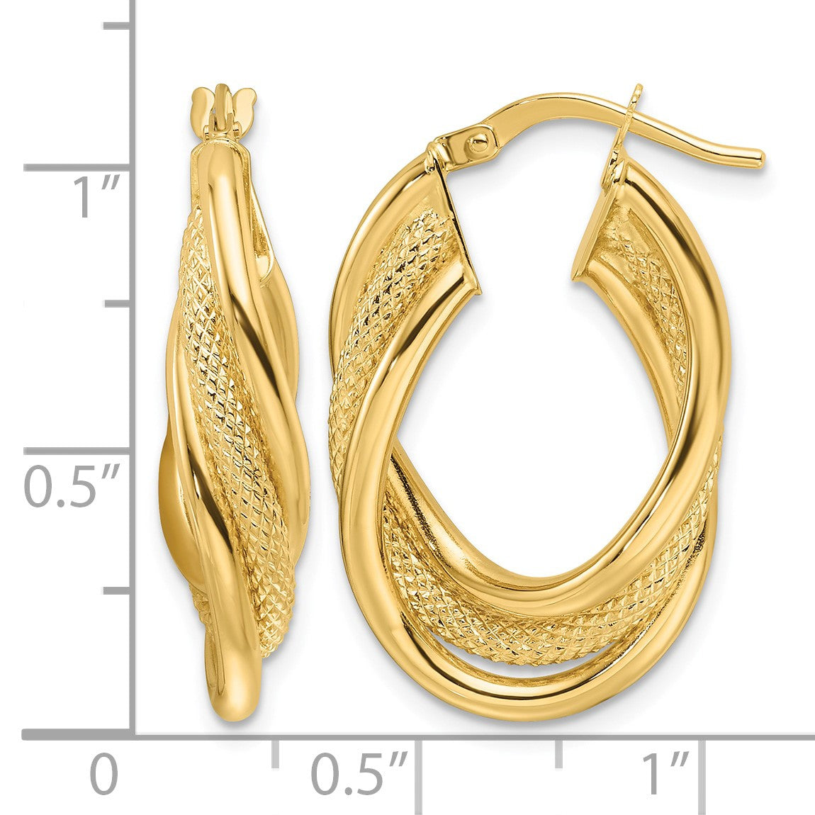 14ky Polished Textured & Intertwined Oval Hoop Earrings