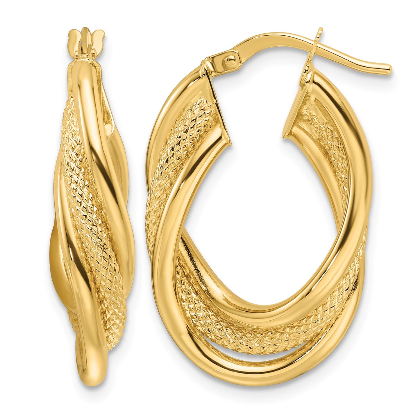 14ky Polished Textured & Intertwined Oval Hoop Earrings