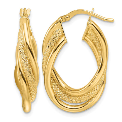 14ky Polished Textured & Intertwined Oval Hoop Earrings