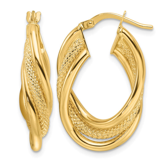14ky Polished Textured & Intertwined Oval Hoop Earrings