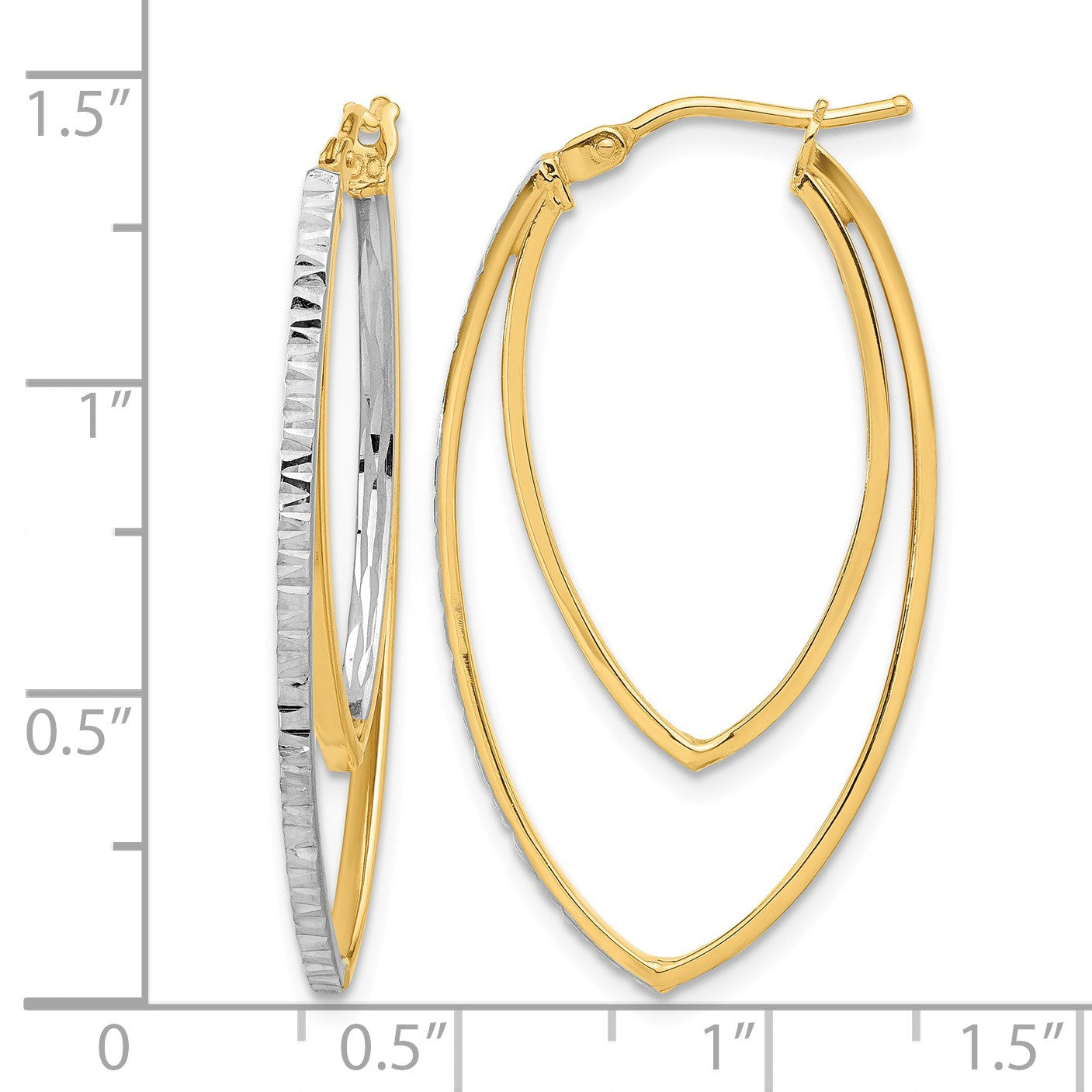 14K Polished and Rhodium Diamond-cut V Shape Hoop Earrings
