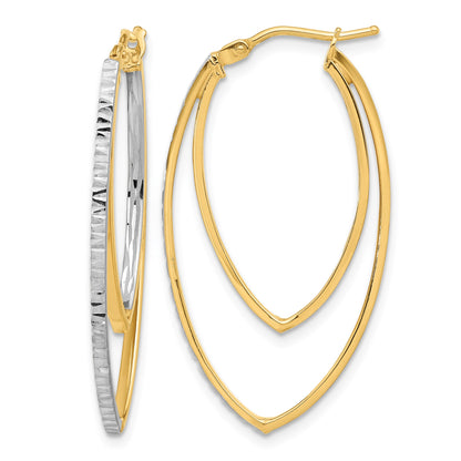 14K Polished and Rhodium Diamond-cut V Shape Hoop Earrings