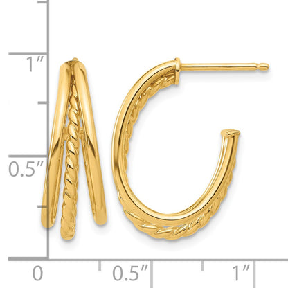 14K Polished and Twist Oval Multi Row J-Hoop Post Earrings