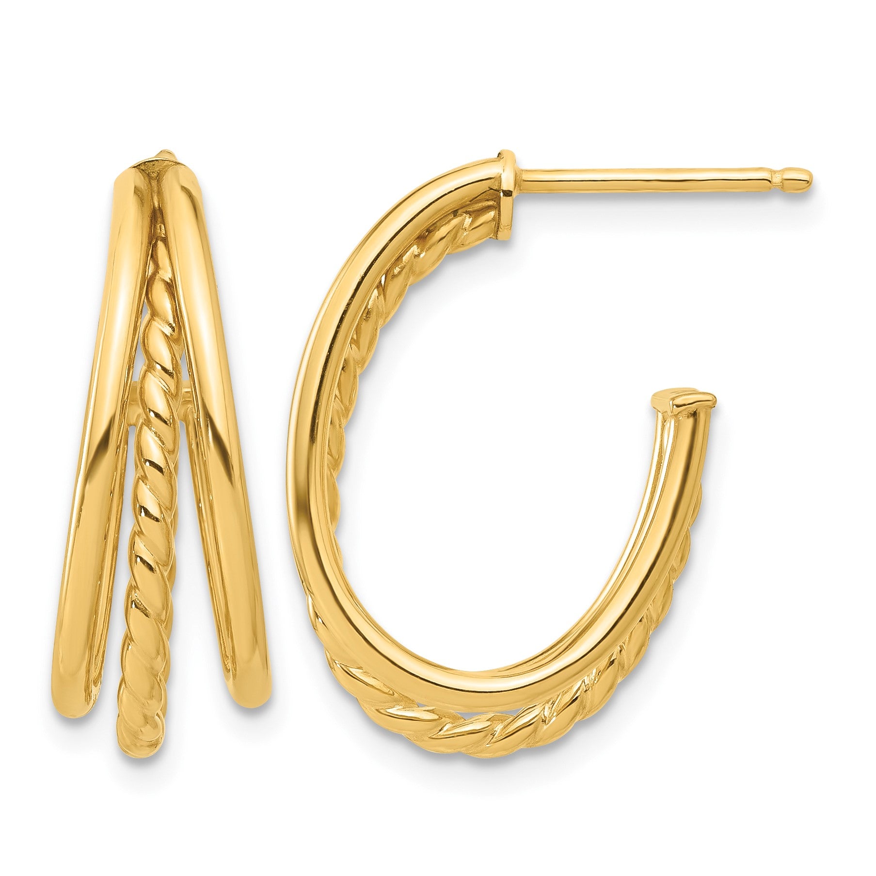 14K Polished and Twist Oval Multi Row J-Hoop Post Earrings