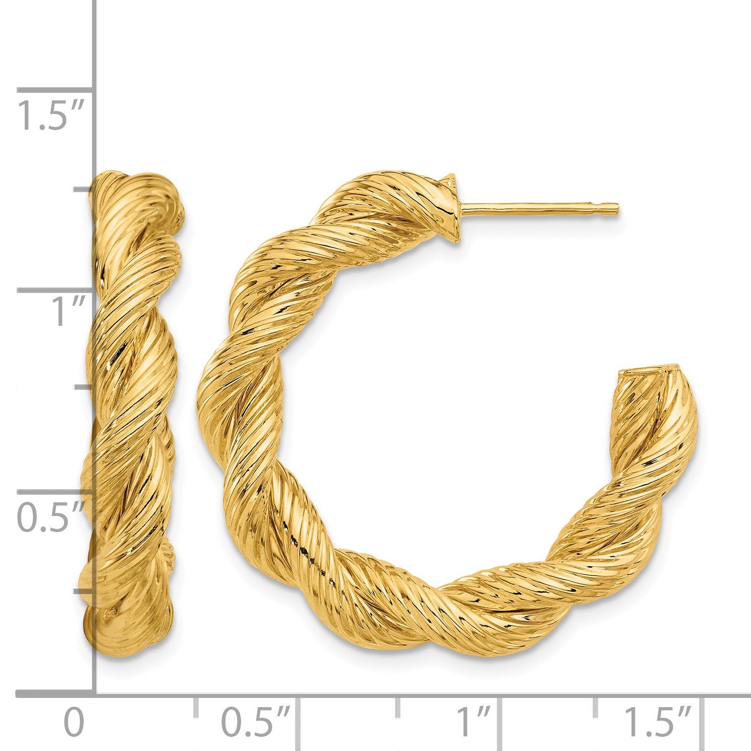 14K Polished and Textured Twisted Post Hoop Earrings