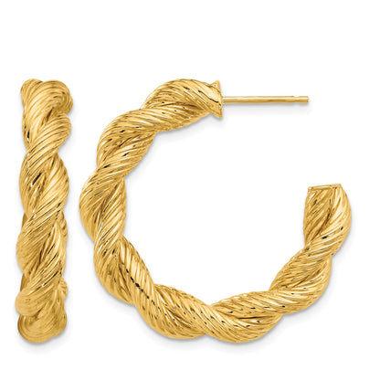 14K Polished and Textured Twisted Post Hoop Earrings