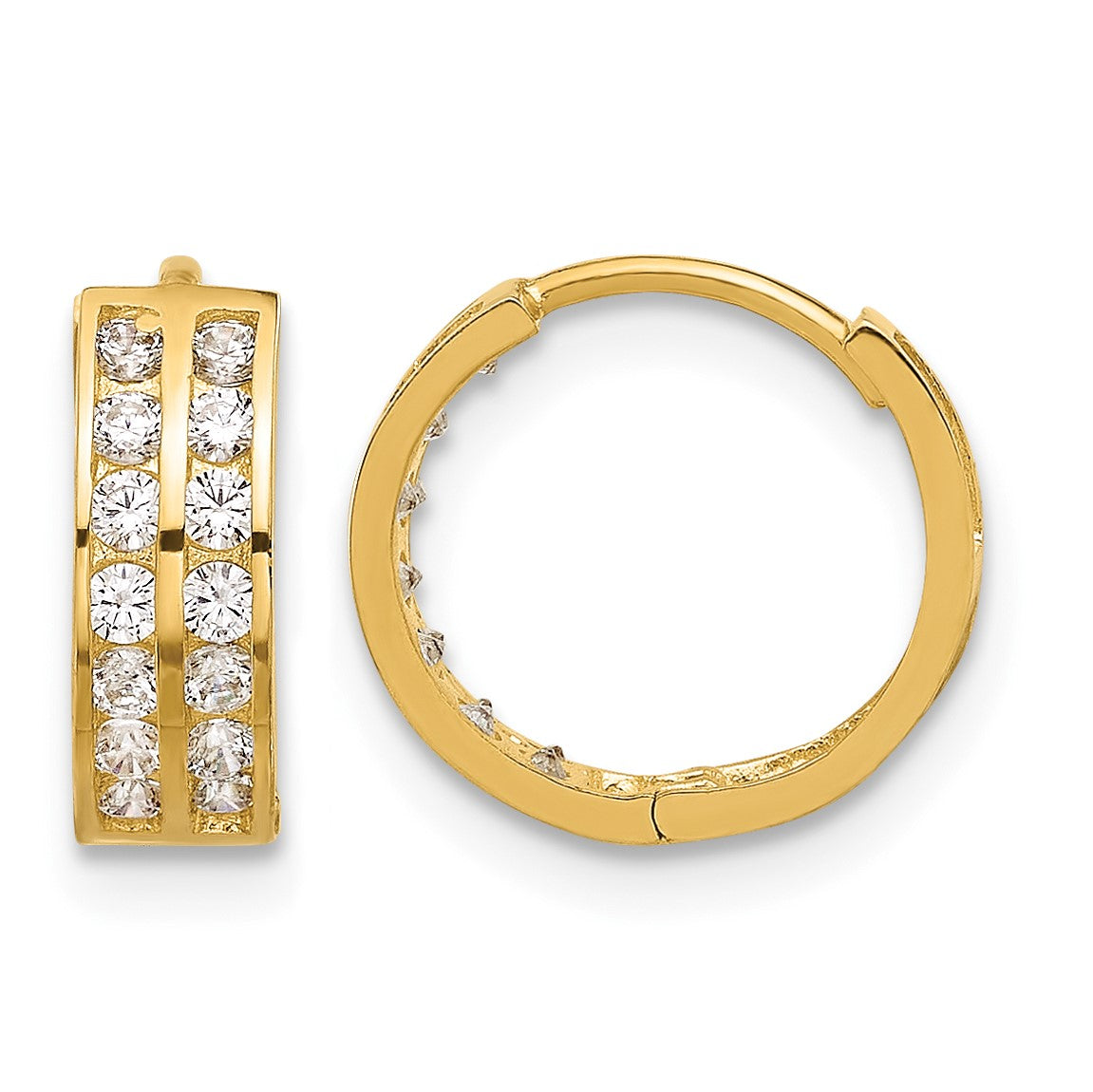 14K Polished Two Row CZ 4mm Hinged Hoop Earrings