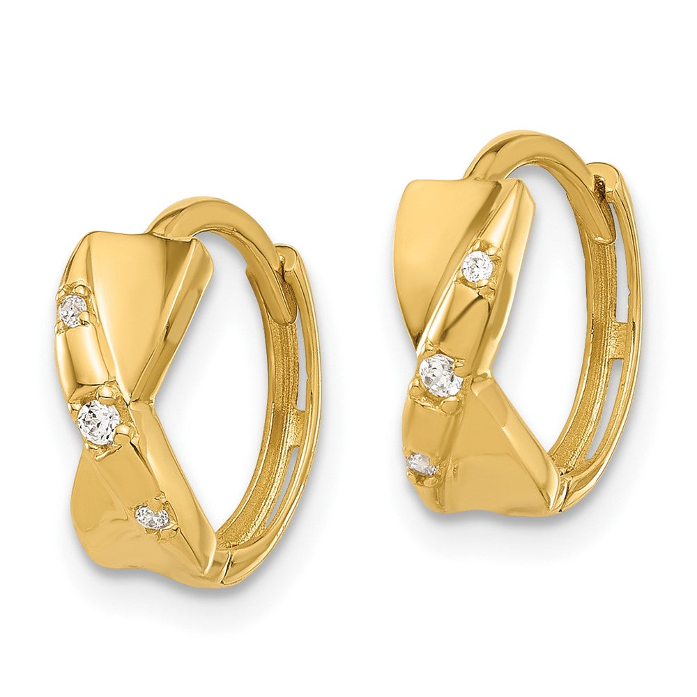 14K Polished CZ Criss Cross Twist Hinged Hoop Earrings