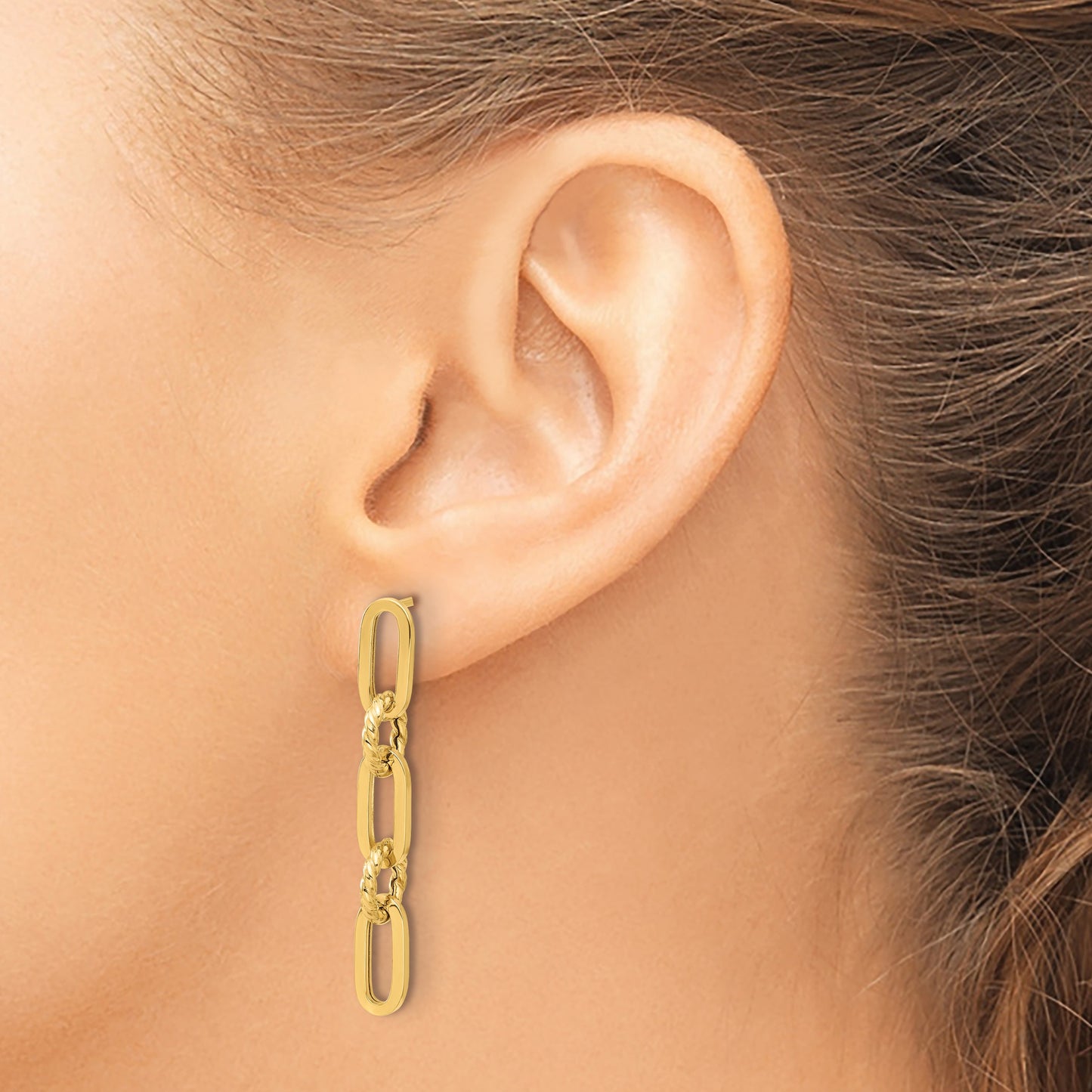 14K Polished and Textured Chain Link Dangle Post Earrings