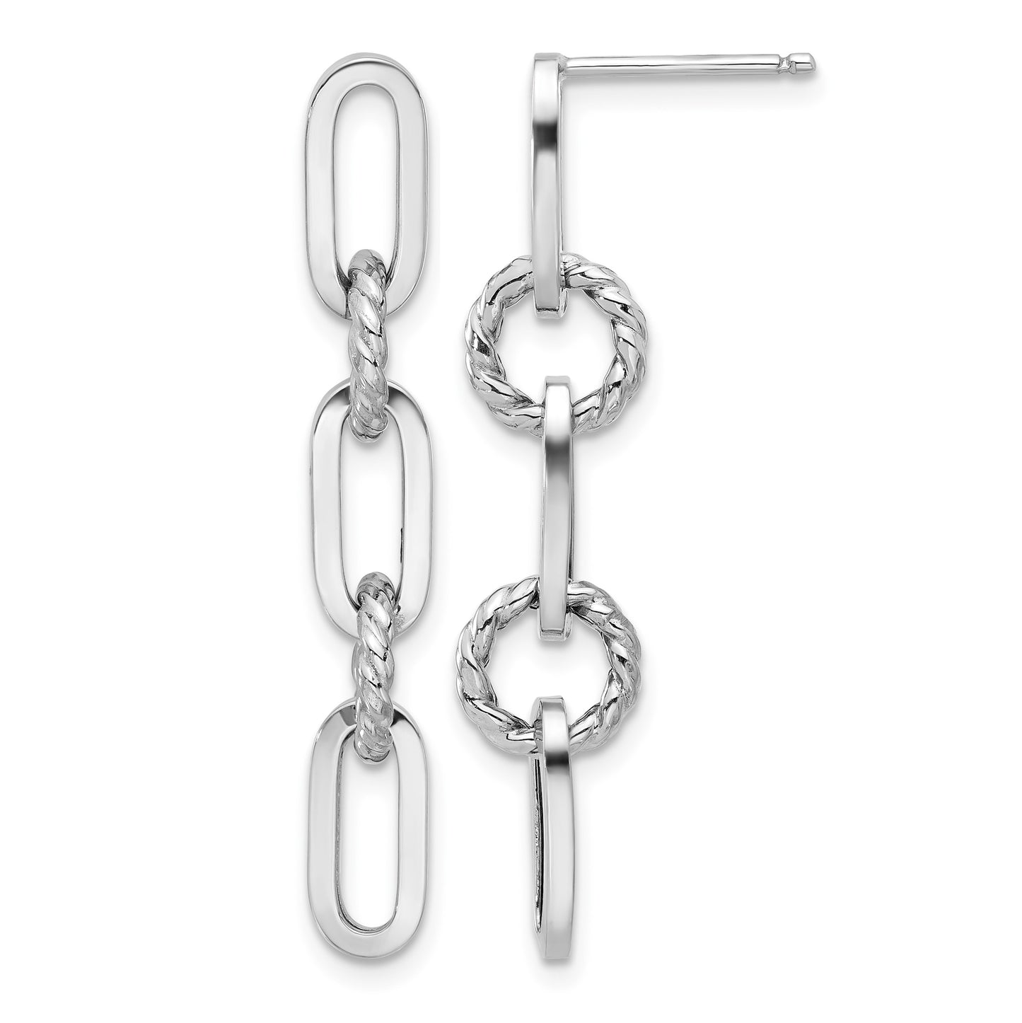 14K White Gold Polished and Textured Chain Link Dangle Post Earrings