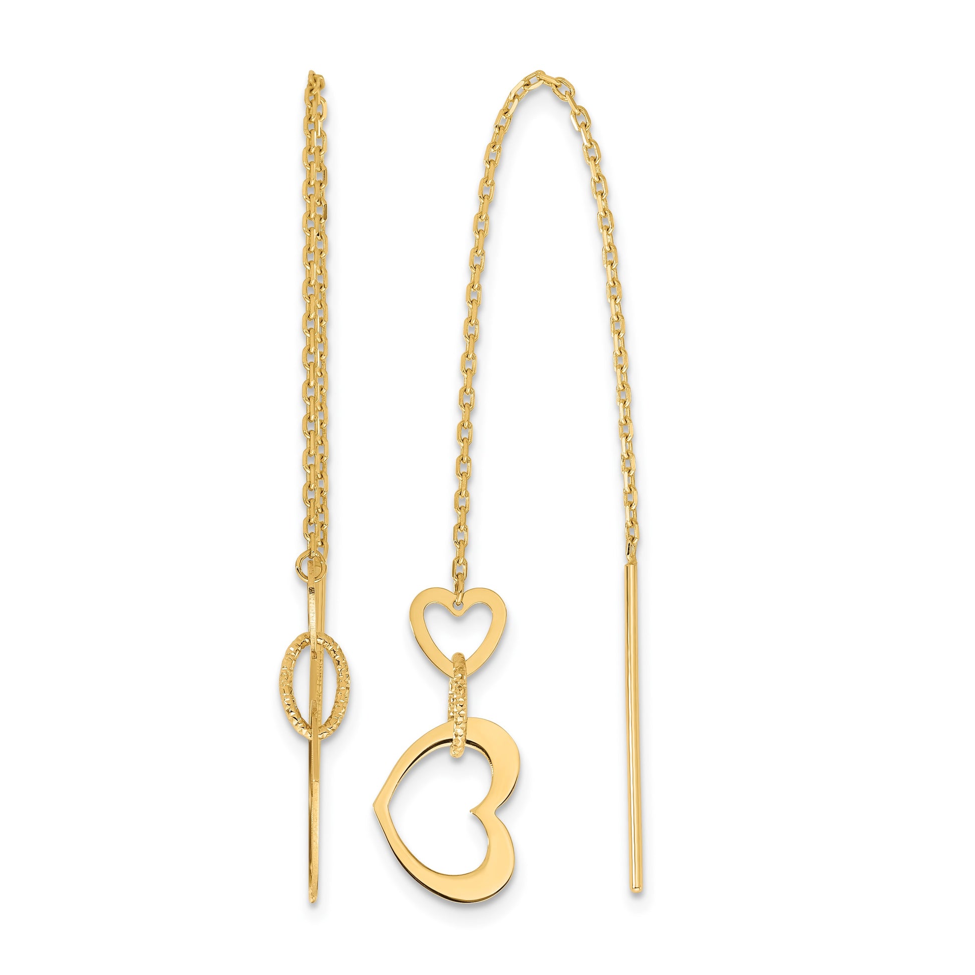 14K Polished Hearts Dangle and Chain Threader Earrings