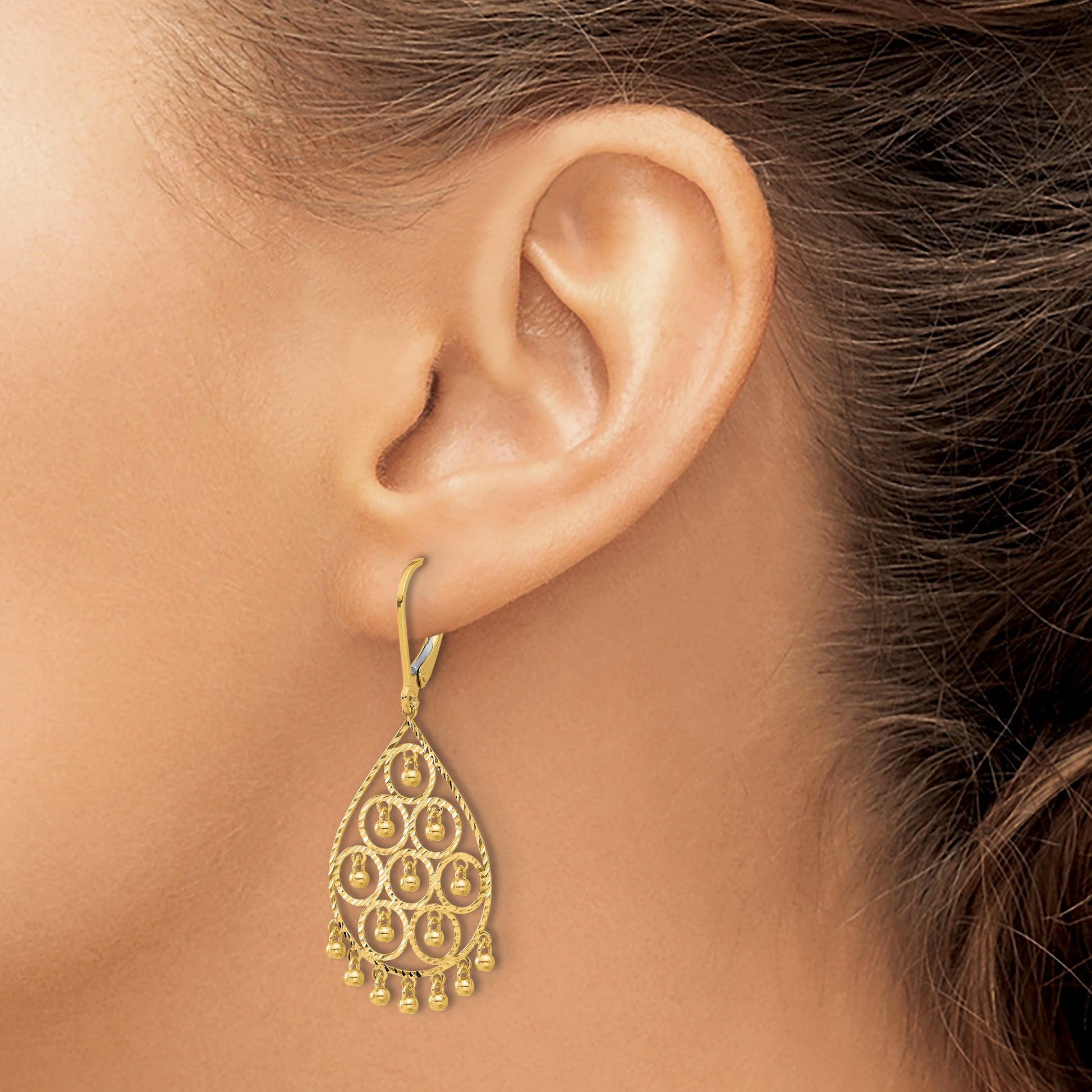 14K Polished Diamond-cut Chandelier-Style Fringed Dangle Leverback Earrings