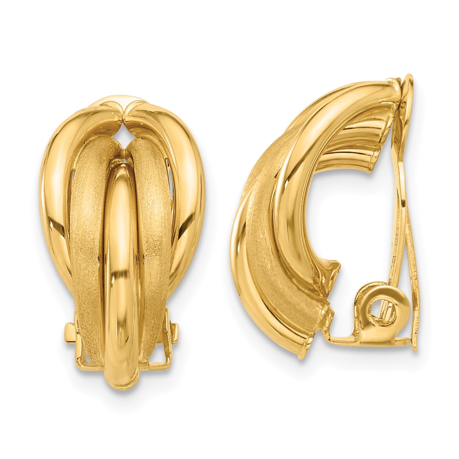 14K 10x18mm Polished and Satin Curved Omega Back Non-pierced Earrings