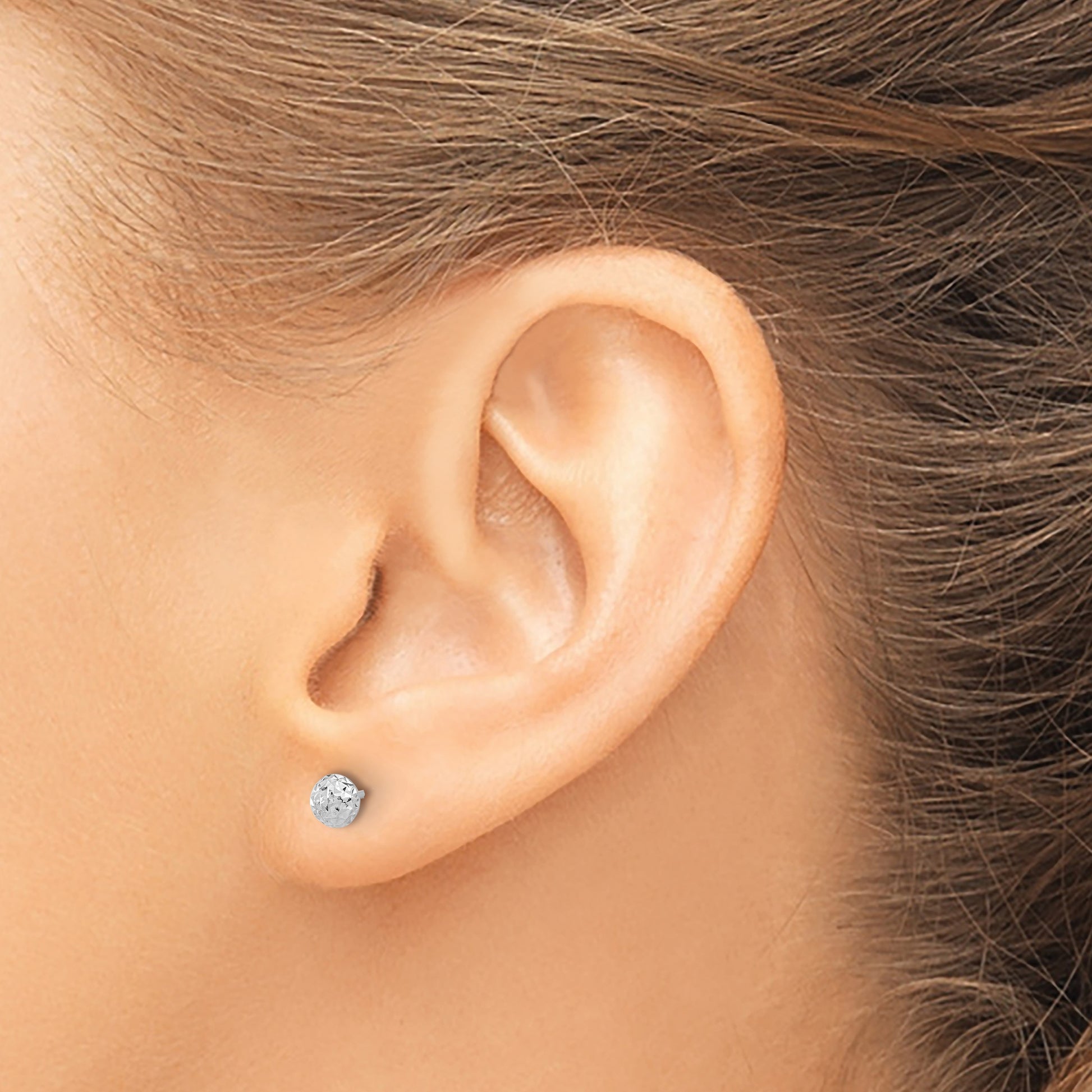 14K White Gold 4.5mm Polished Diamond-cut Puffed Round Button Post Earrings