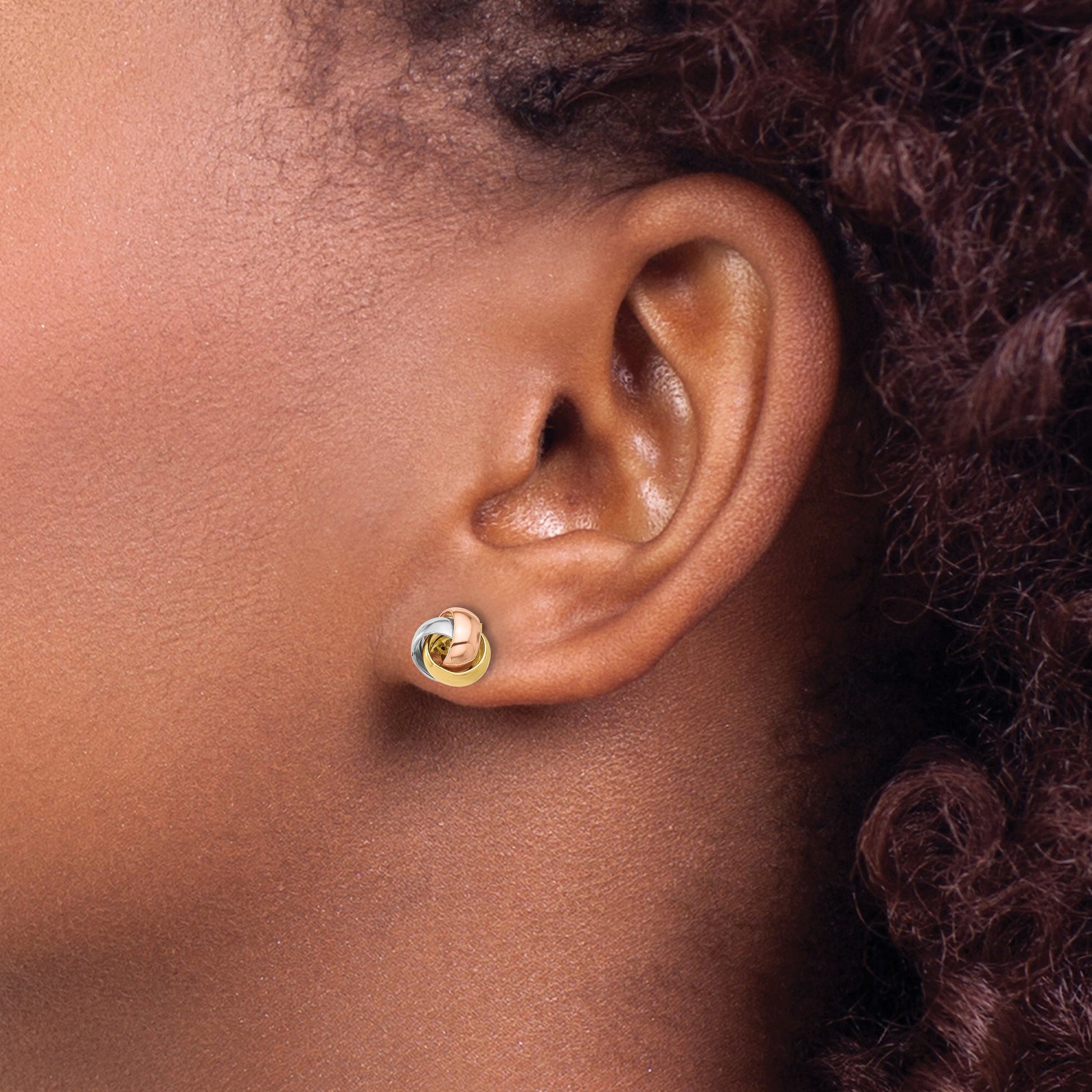 14K Tri-color 7.4mm Polished Love Knot Post Earrings