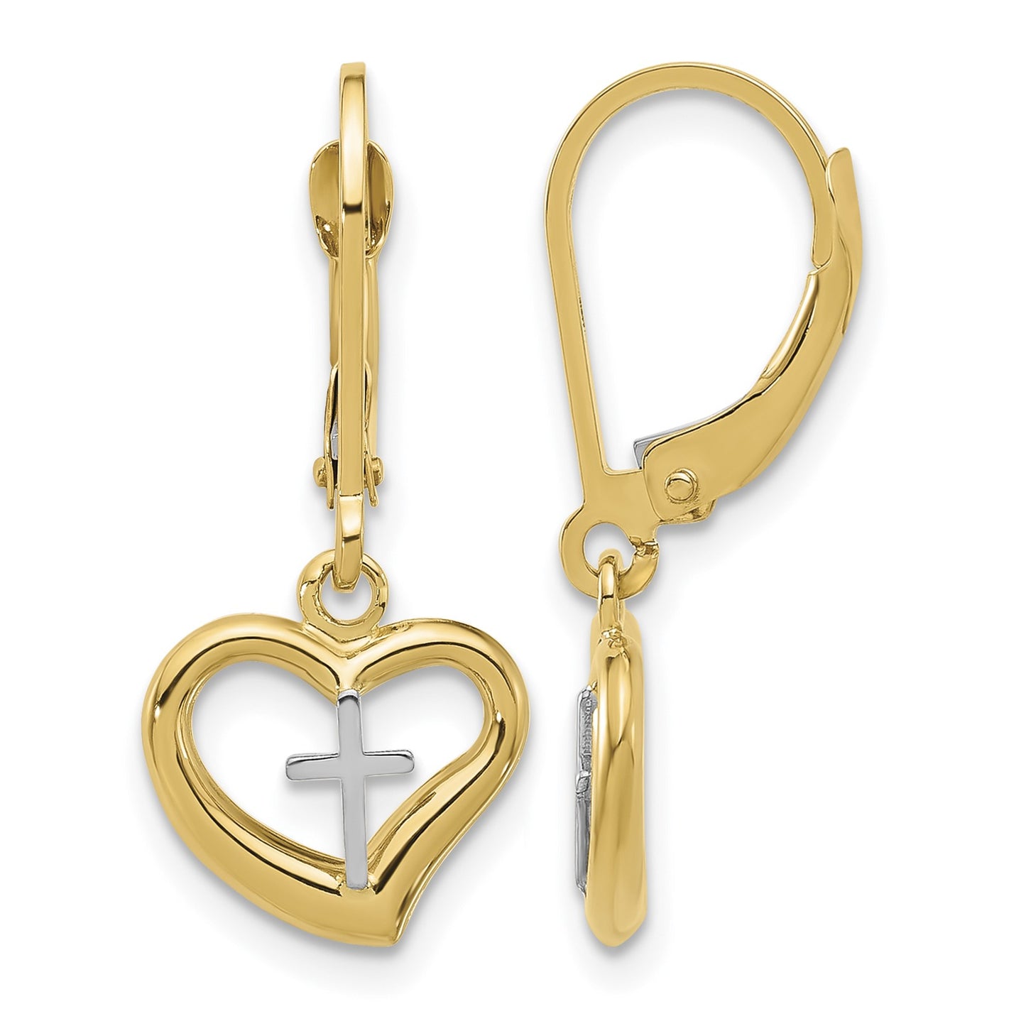 14K Two-tone Polished Cross in Heart Dangle Leverback Earrings