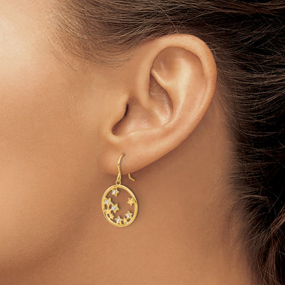 14k and White Rhodium Diamond-cut Stars in Circle Dangle French Hook Earrings
