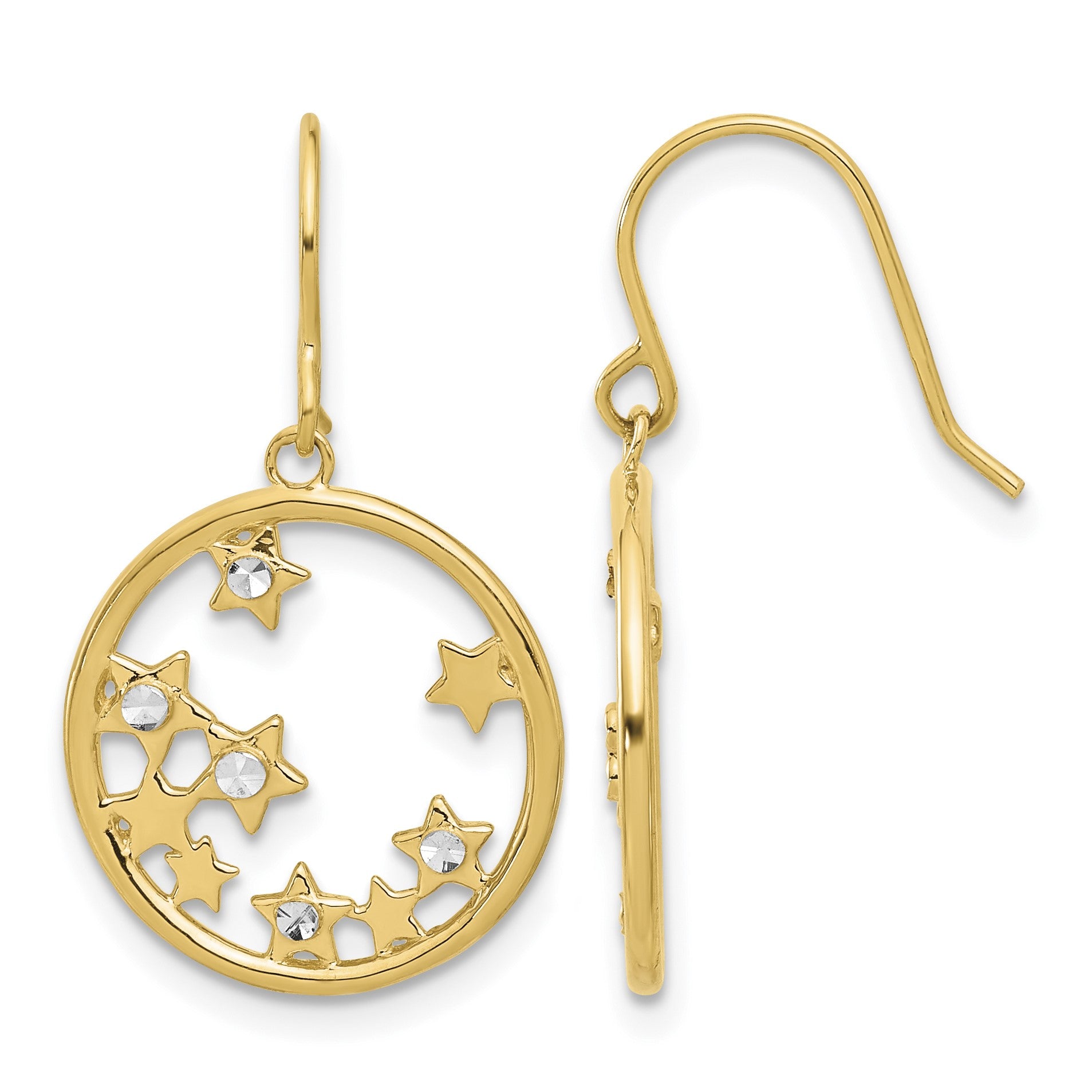 14k and White Rhodium Diamond-cut Stars in Circle Dangle French Hook Earrings