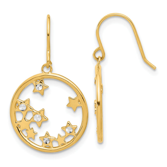 14k and White Rhodium Diamond-cut Stars in Circle Dangle French Hook Earrings