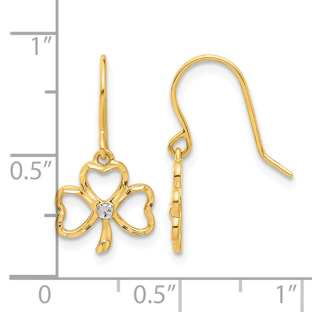 14k and White Rhodium Diamond-cut Clover Dangle French Hook Earrings