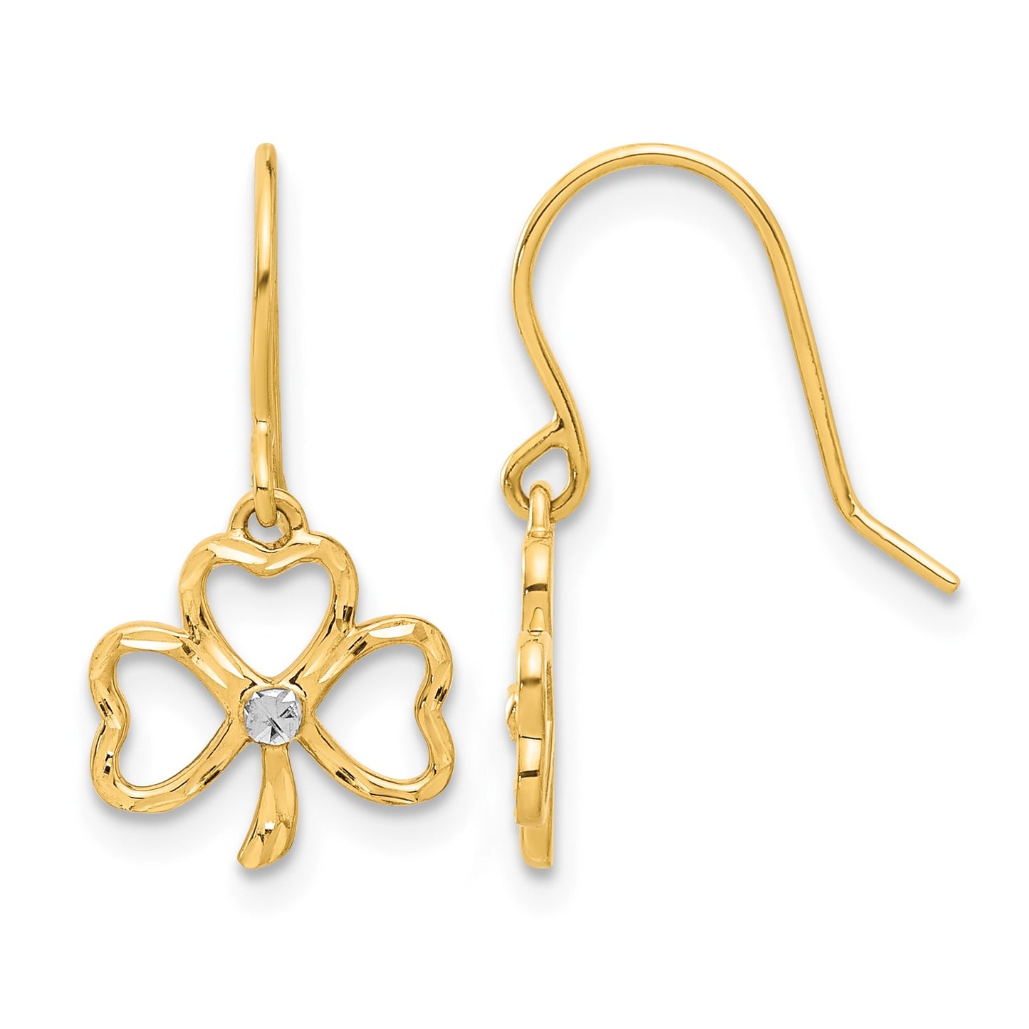 14k and White Rhodium Diamond-cut Clover Dangle French Hook Earrings