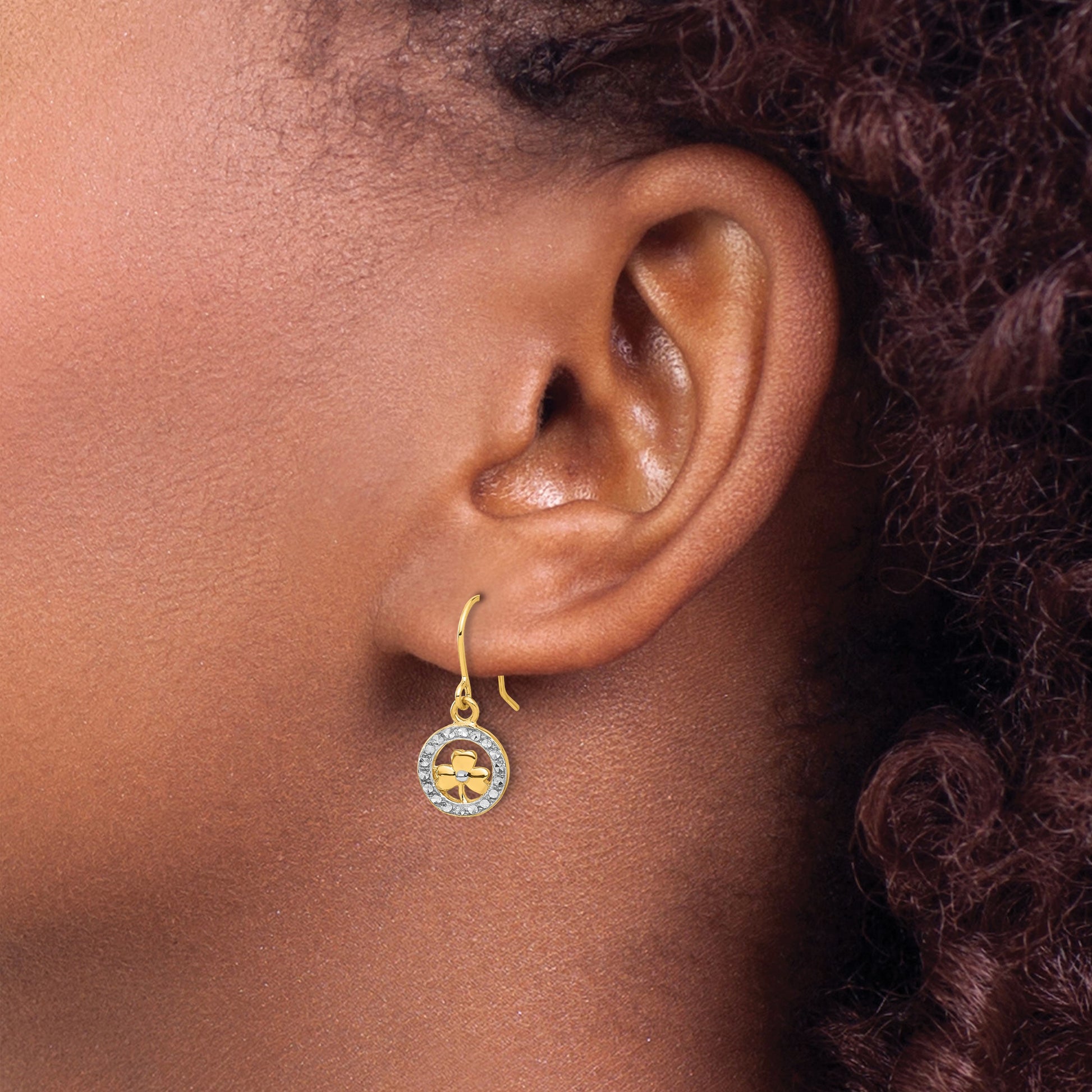 14k and White Rhodium Diamond-cut Clover in Circle Dangle French Hook Earrings