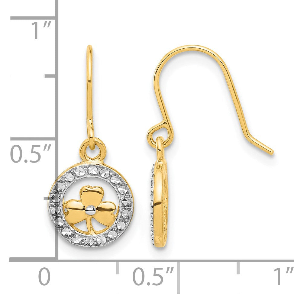 14k and White Rhodium Diamond-cut Clover in Circle Dangle French Hook Earrings