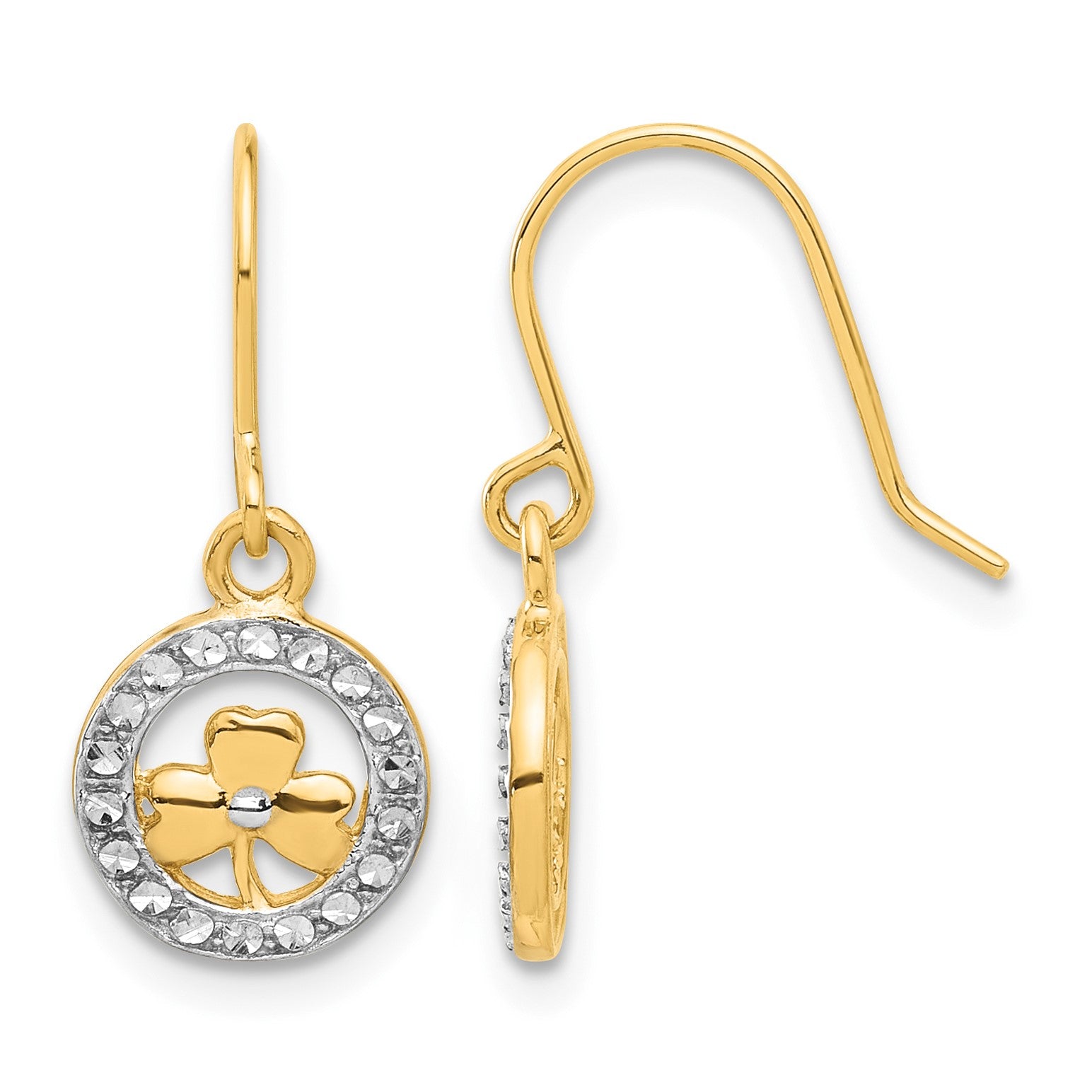 14k and White Rhodium Diamond-cut Clover in Circle Dangle French Hook Earrings