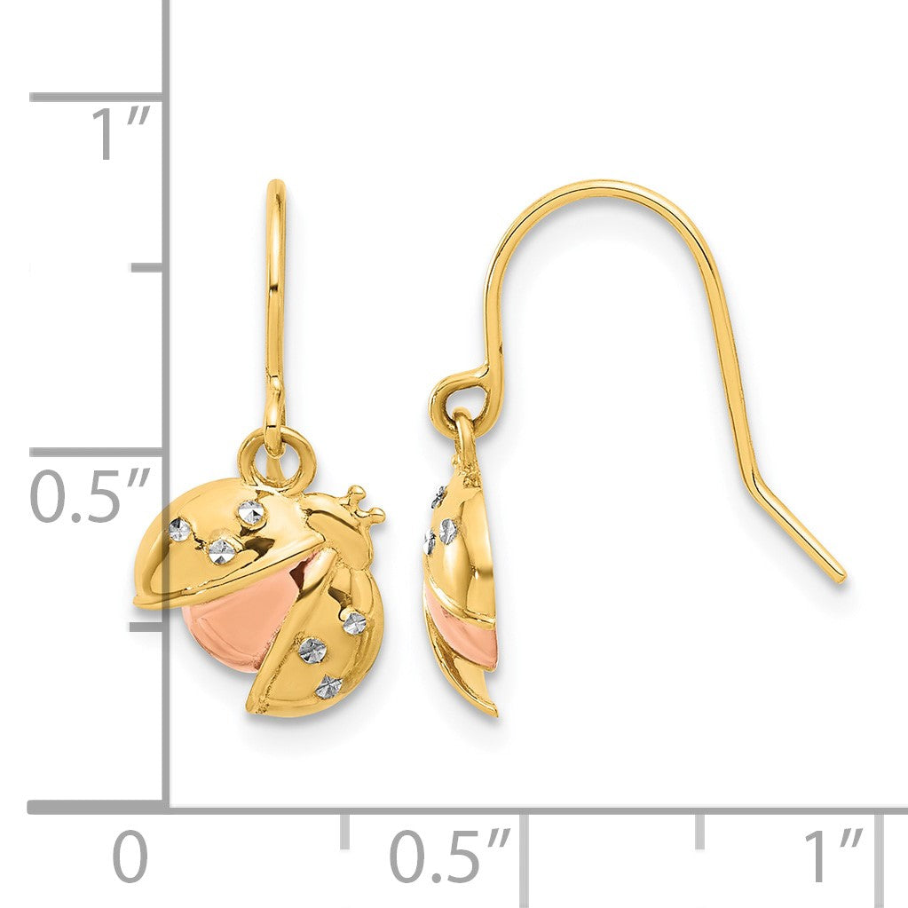 14k with Rose and White Rhodium Diamond-cut Ladybug Dangle French Hook Earrings