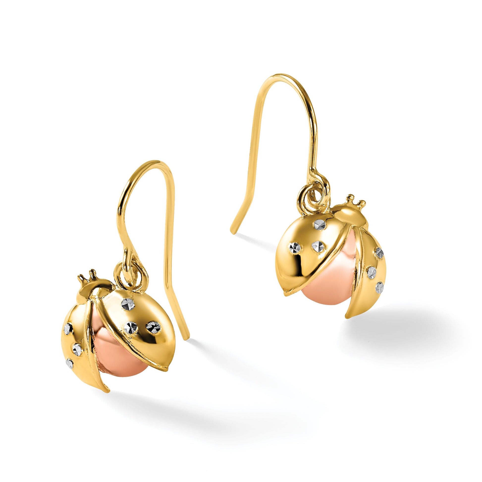 14k with Rose and White Rhodium Diamond-cut Ladybug Dangle French Hook Earrings