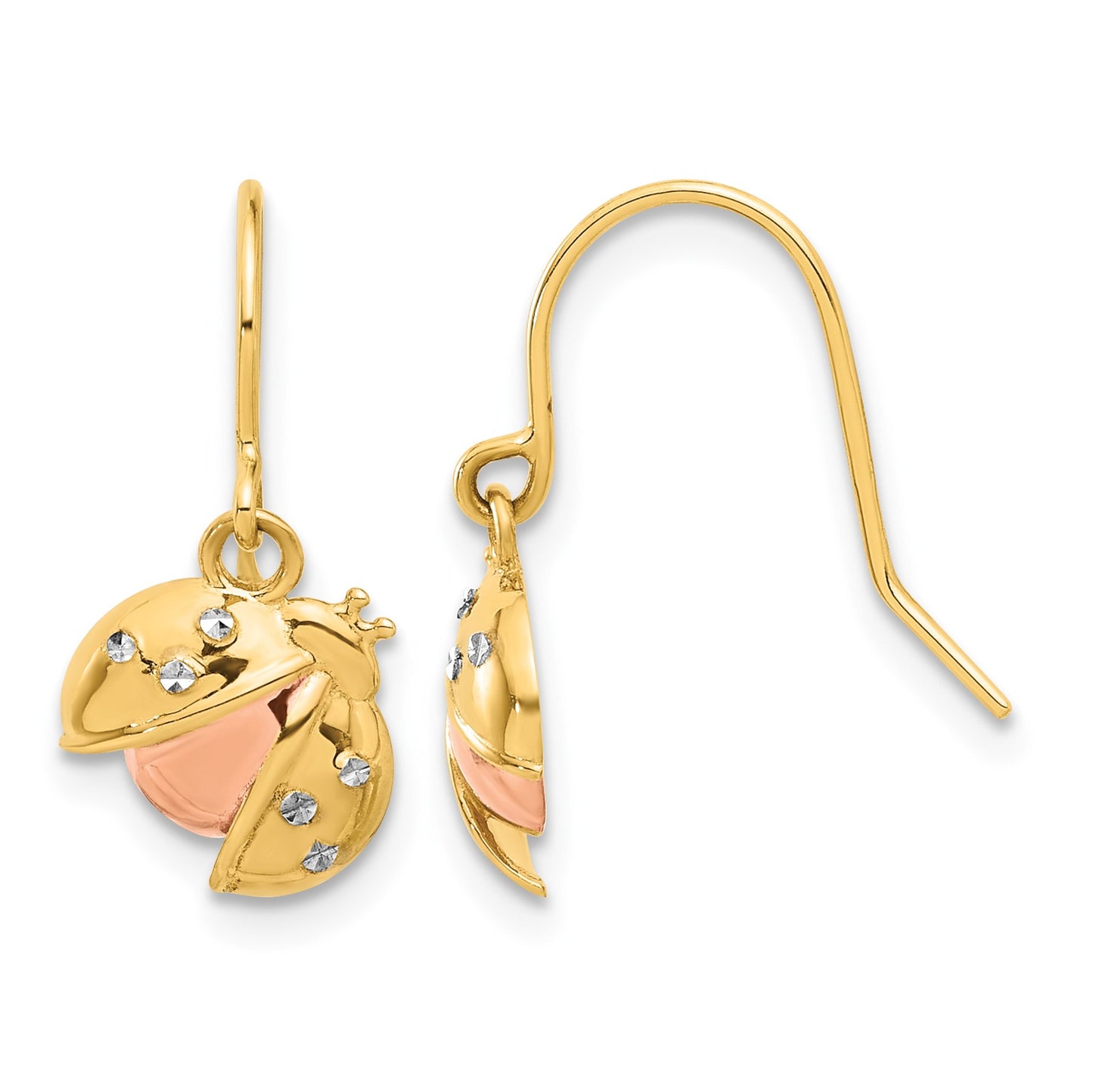 14k with Rose and White Rhodium Diamond-cut Ladybug Dangle French Hook Earrings