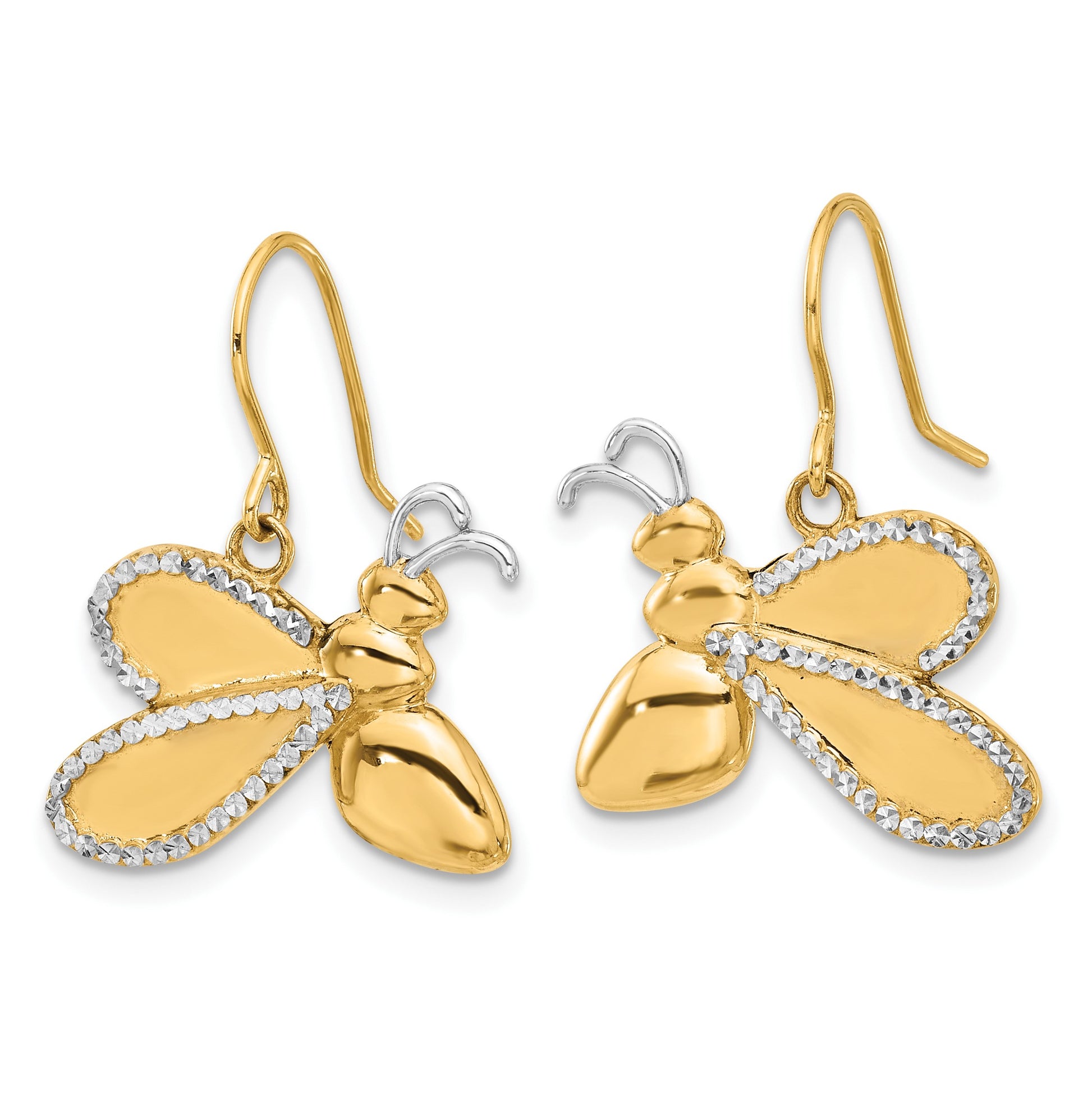 14k and White Rhodium Diamond-cut Large Bee Dangle French Hook Earrings