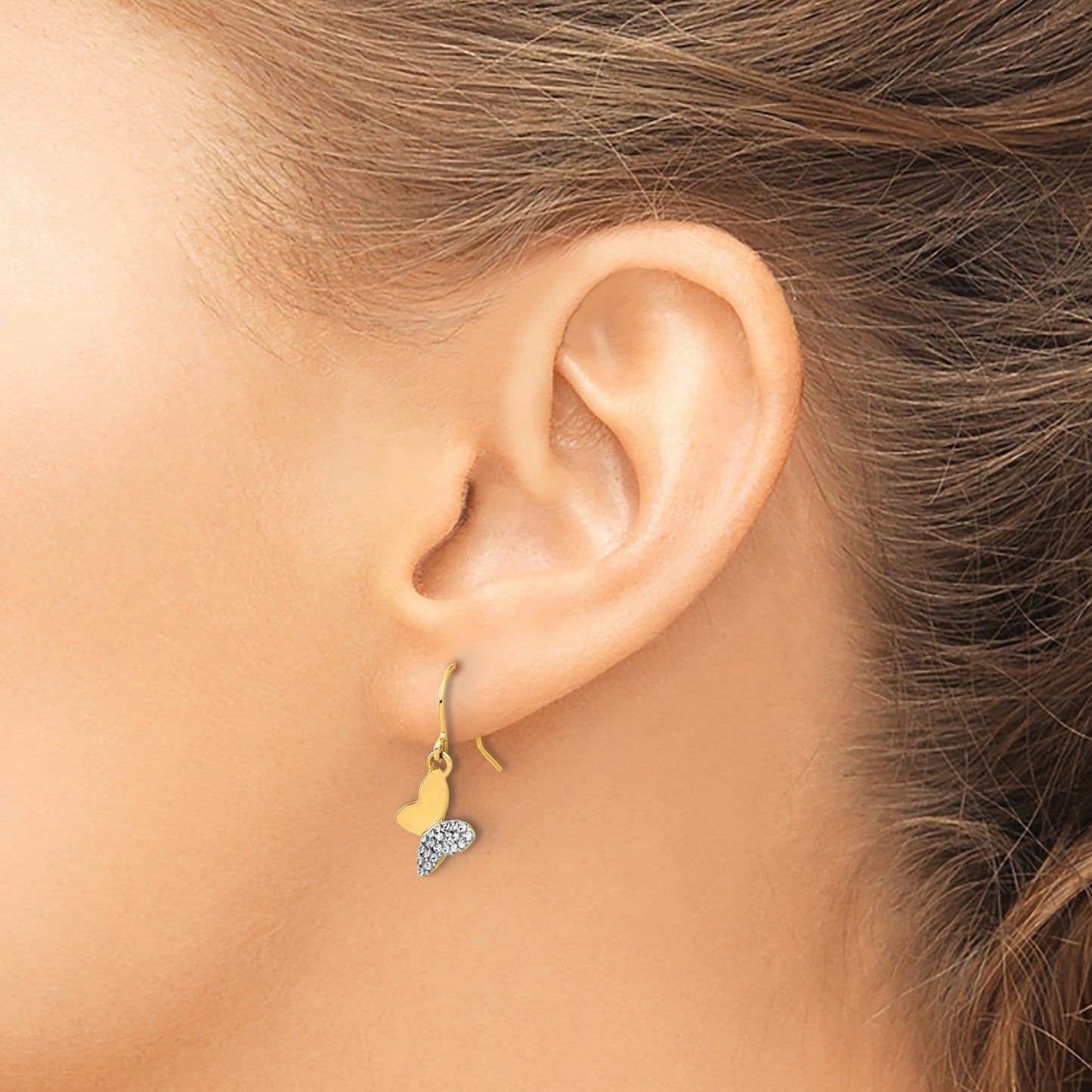 14k and White Rhodium Diamond-cut Butterfly Dangle French Hook Earrings