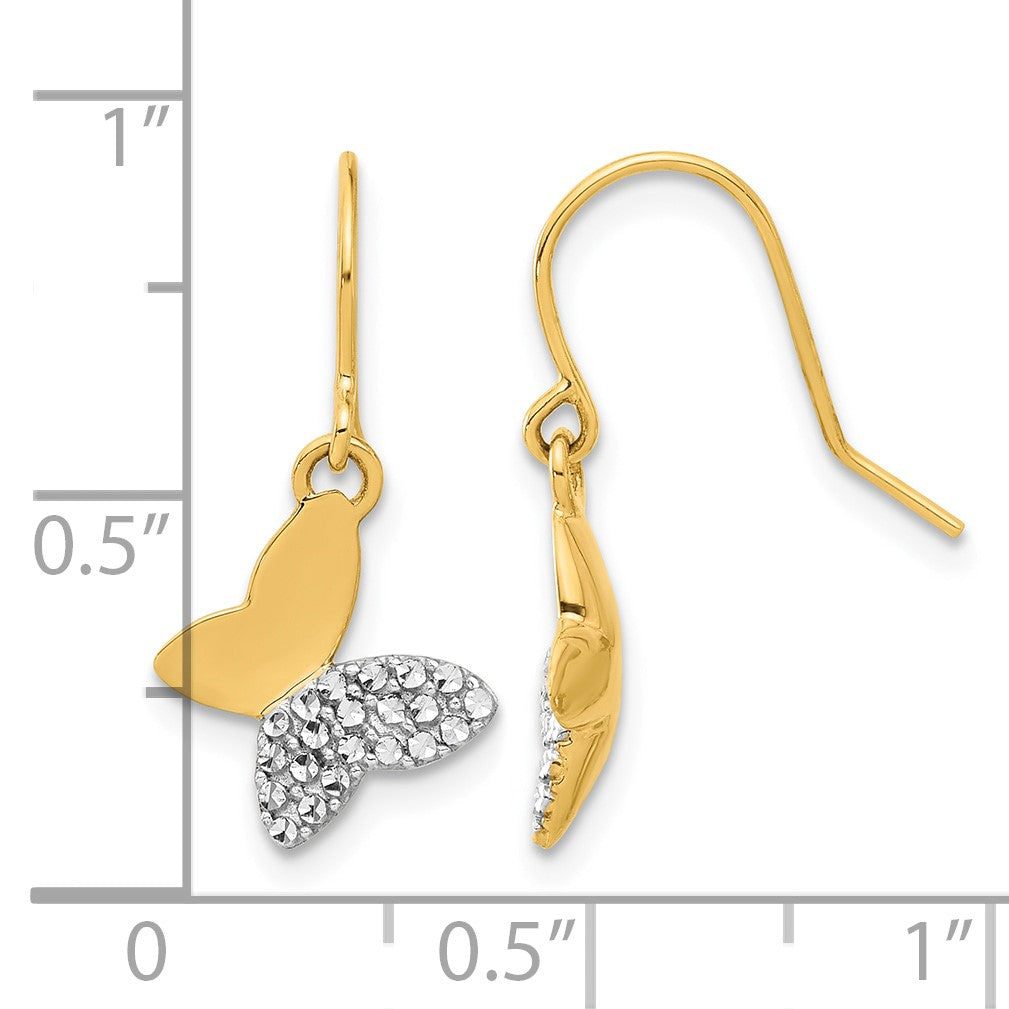 14k and White Rhodium Diamond-cut Butterfly Dangle French Hook Earrings